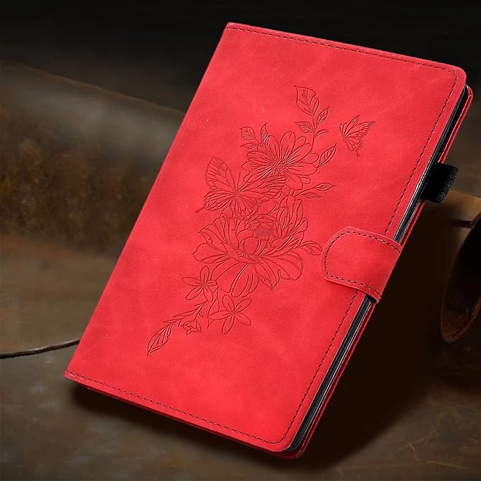 Case for Samsung Galaxy Tab A9 8.7 Inch 2023 (SM-X110/X115/X117) Suede Embossed Flower Flip Stand Protective Shell with Pen Holder &amp Card Slot No Smart Auto Wake/Sleep Function Brown