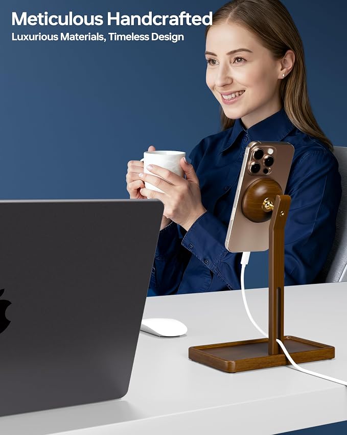 YEOUX Premium Magnetic Phone Holder for Desk | Solid Walnut Wood | 360° Free Adjustable | MagSafe Compatible for iPhone 17 16 15 14 Stylish Desk Accessory