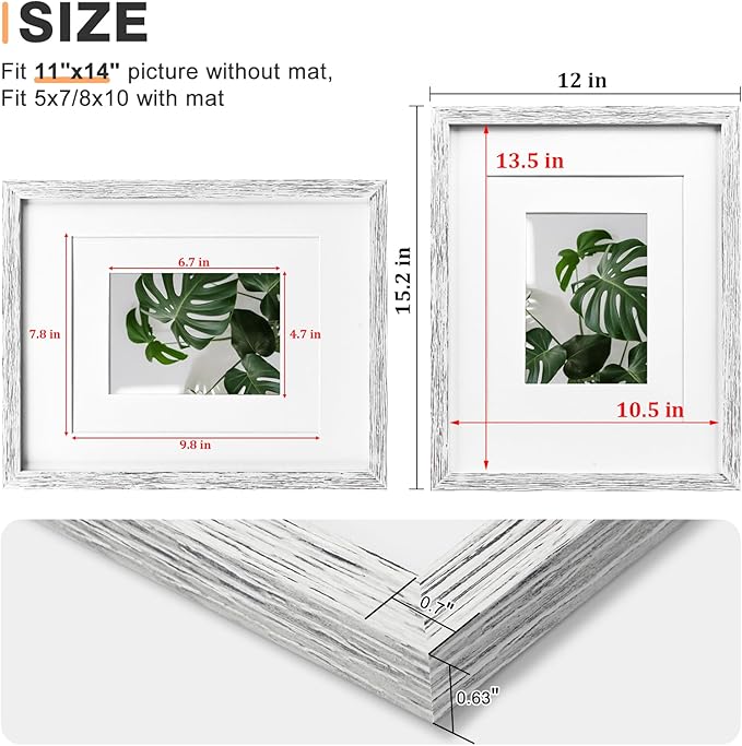 Egofine 11x14 Picture Frames Made of Solid Wood with Plexiglass, Display Pictures 5x7/8x10 with Mat or 11x14 Without Mat for Tabletop and Wall Mounting, Driftwood White