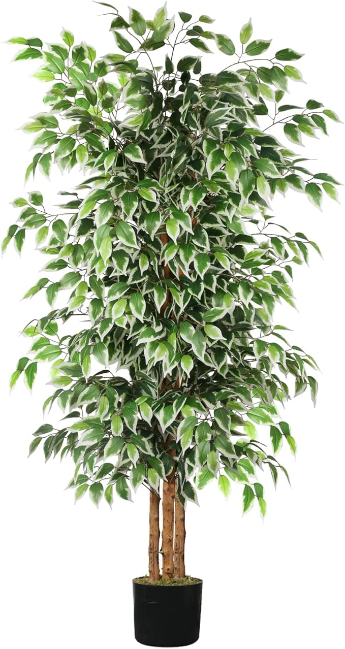 GTIDEA 6ft Artificial Tree Ficus, Tall Faux Trees Indoor with Natural Trunk and Fake Silk Tree Fake Plants for Home Winter Decor Living Room Outdoor Balcony House Office (Included Dried Moss)
