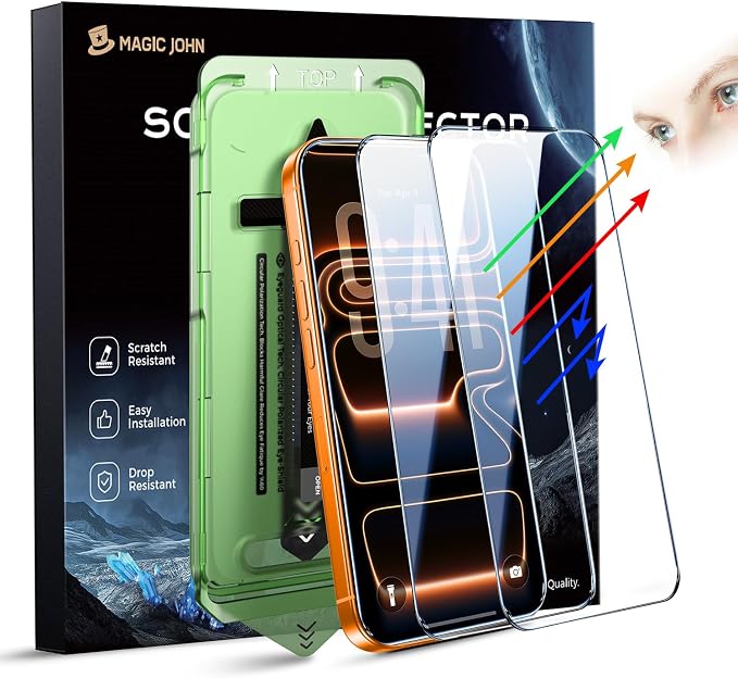 MAGIC JOHN 2 Pack for iPhone 15 Pro Screen Protector Eye Protection | HD Clear Auto Dust-Elimination 9H Tempered Glass &amp Scratch Resistance Full Edge Coverage