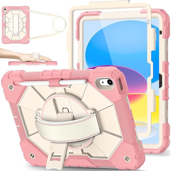 Nitupai Case for iPad 10th Generation 10.9 Inch 2022 / iPad A16 Case 11 Inch 2025 with Screen Protector 10th Gen Cover for Kids Pencil Holder 360° Rotating Stand Shoulder Strap Black Black