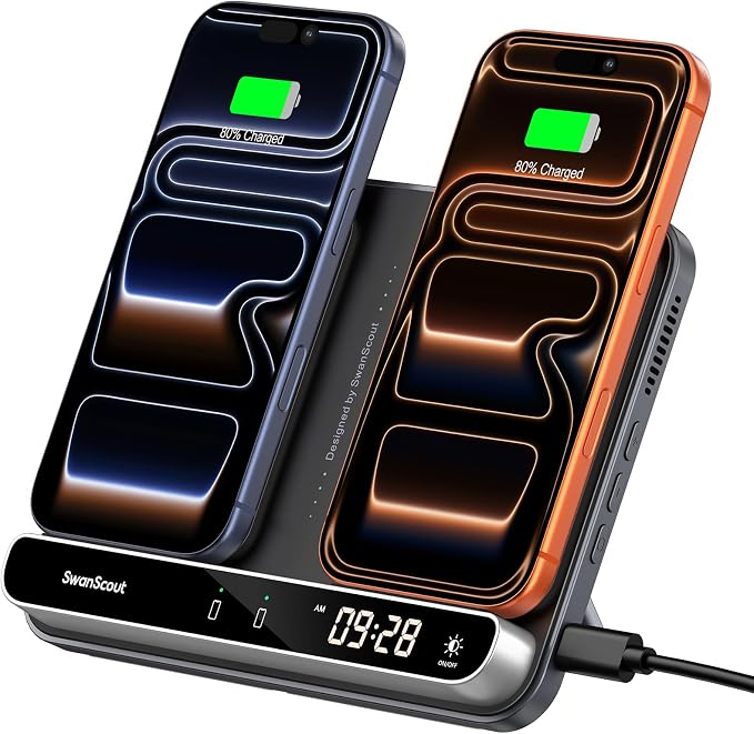 Dual Phone Foldable Wireless Charging Station for iPhone Galaxy Pixel | Dual phone charging Foldable portable stand Dimmable clock Case friendly Raised charging area flat mode for earbuds 504