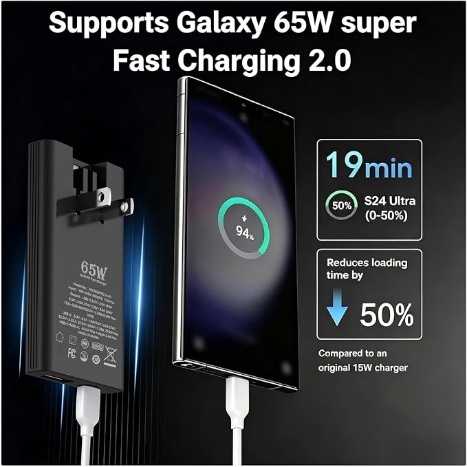 65W Ultra Slim USB C Charger Dual-Port GaN Wall Adapter Fast Charging for iPhone 16/15 Pro Max Galaxy Black