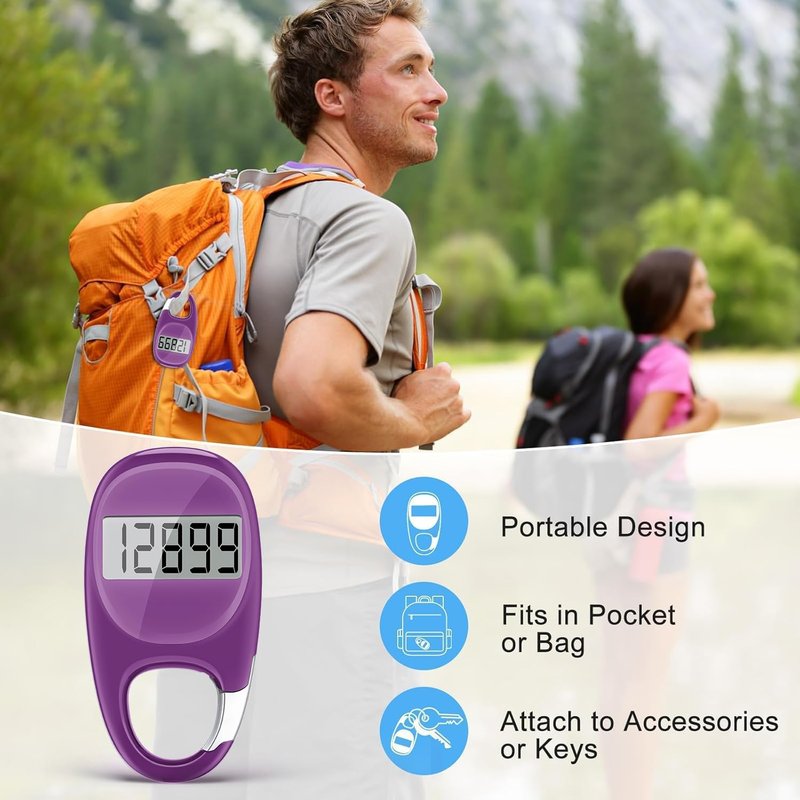 Simple Pedometer for Walking, Accurate Step Tracker with Carabiner, 3D Step Counter for Men Women Seniors - Purple