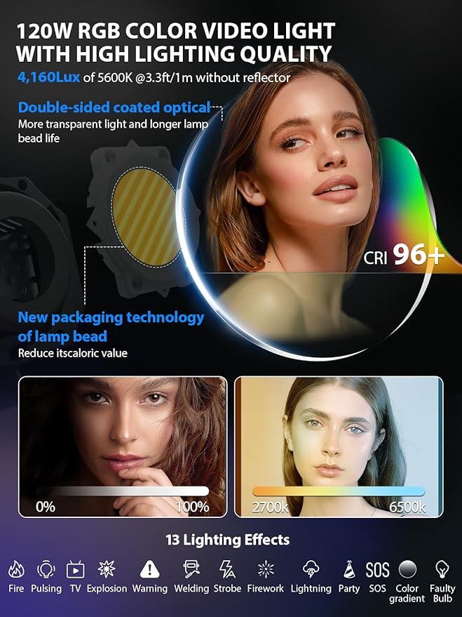Video Light, COLBOR CL120R RGB 120W Continuous Lighting M/G Balance 2700~6500K CRI96+ Studio Light with Bowens Mount 13 Light Effects for Film Live, Video-Light-Studio-LED-Photography