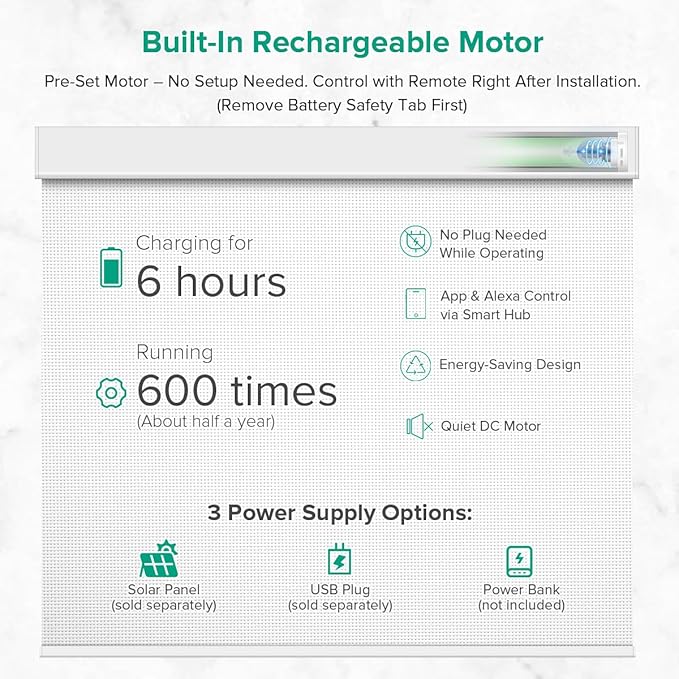 Kilonity Motorized Roller Shades, Light Filtering Remote Control Custom Window Shades Compatible with Alexa Google Assistant via RF Hub, Rechargeable Electric Blinds for Windows (Fireproof White)