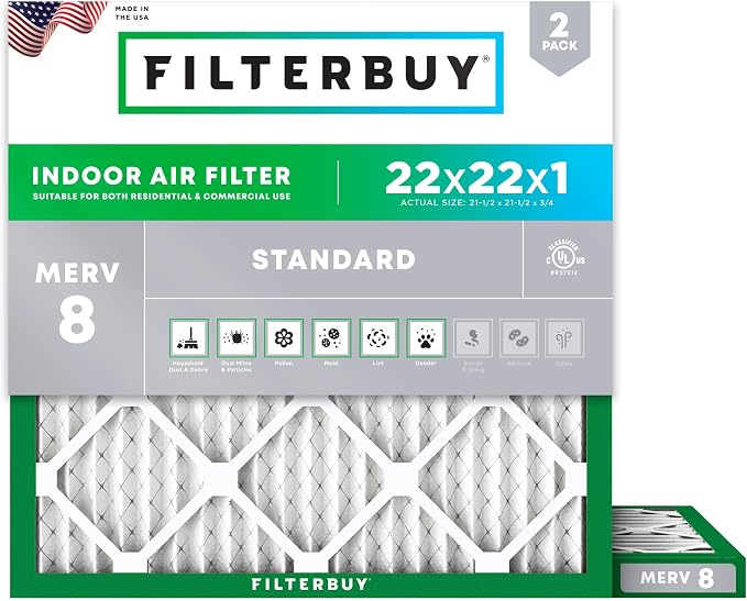 Filterbuy 22x22x1 Air Filter MERV 8 Essential Dust & Allergy Defense,