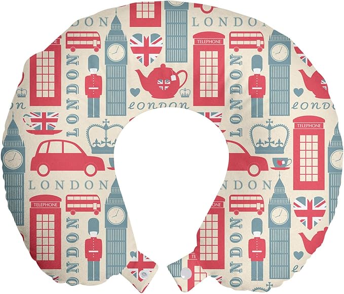 Ambesonne London Travel Pillow Neck Rest, Popular British Culture Elements Retro Colors Flag Patterned Hearts, Memory Foam Traveling Accessory for Airplane and Car, 12", Coral Bluegrey
