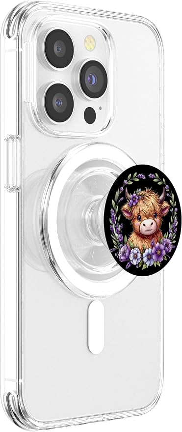 Baby Highland Cow with Purple Flowers Scottish Farm PopSockets Adhesive PopGrip
