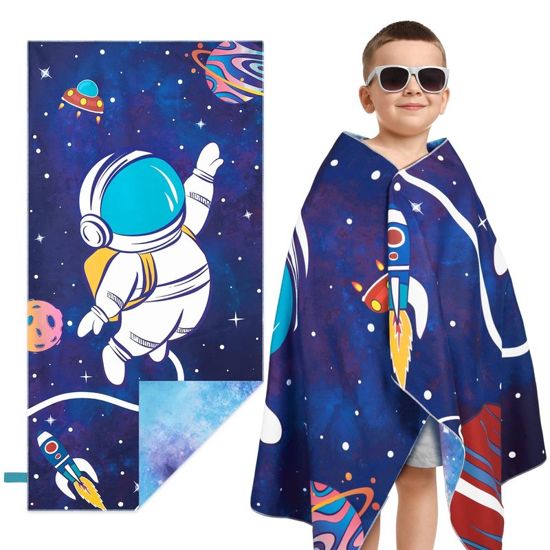 WERNNSAI Space Kids Beach Towel for Boys, 30” x 60” Double-Sided Towel for Kids, Kids Beach Pool Bath Bathroom Swim Towels, Beach Blanket Towel