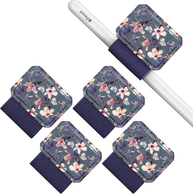 Fintie 4 Pack Pen Loop Holder for Apple Pencil Pro, Apple Pencil (USB-C / 1st / 2nd Generation) and Stylus Pens, Elastic Adhesive Leather Sleeve Attached to Cases, Blooming Hibiscus