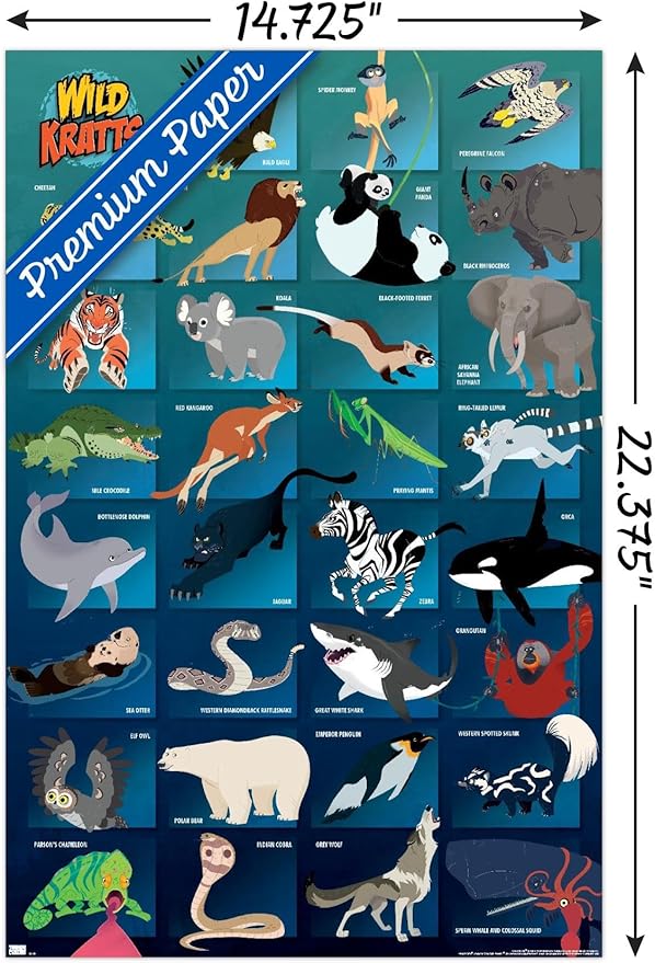 Wild Kratts - Grid Wall Poster, 22.4L" x 14.7W", Premium Poster & Mount Bundle