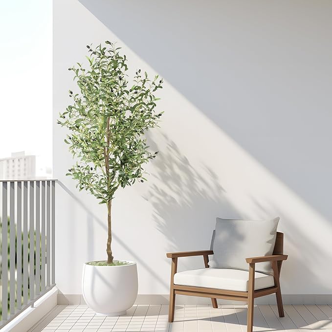 ANTING Artificial Olive Tree, 7FT Faux Olive Tree with Pot, 84in Faux Plants Indoor with Realistic Trunk, 1656 Leaves and 92 Fruits for Home Office Decor Outdoor 1Pack