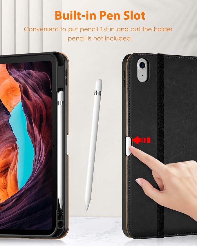 DTTO for iPad (A16) 11th Generation 11-inch &amp 10th Gen Case Brown | Premium Leather Business Cover with Pencil Holder Hand Strap &amp Pocket Corner Protection Auto Sleep/Wake for Work &amp