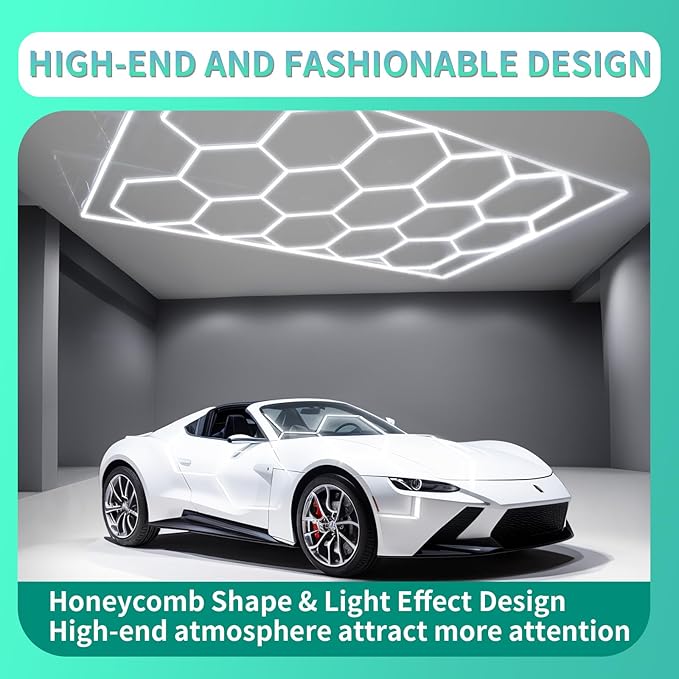 Hexagon Lights: Higher Brightness 900W, 96,200 LM, 6,500K Hexagon Garage Lights with Rectangle Frame, Hexagon LED Lights 14 Grid for Garage, Shopping Mall, Workshop