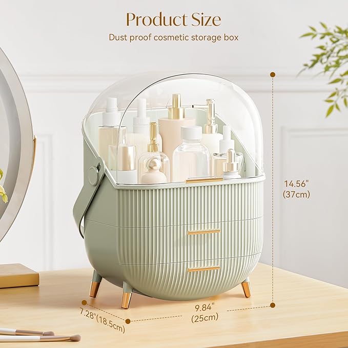 Makeup Organizers, Make Up Organizers for Vanity, Countertop Cosmetic Storage with Drawers and Transparent Cover for Bedroom Bathroom (Light Green)
