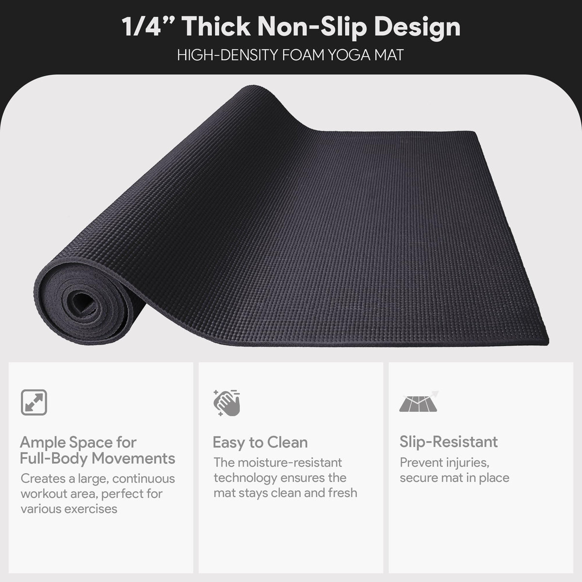 Fitvids All-Purpose 1/4-Inch High Density Anti-Tear Exercise Yoga Mat with Carrying Strap, Black