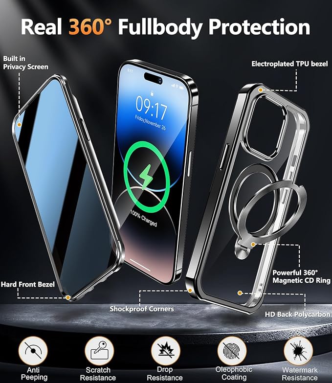 [360° Rotatable CD Stand & Built-in Privacy Screen Magnetic Case for iPhone 14 Pro Max[Compatible with MagSafe&Full Signal] Mil-Grade Shockproof Full Body Anti-Spy Cover for 14 Pro Max-Black
