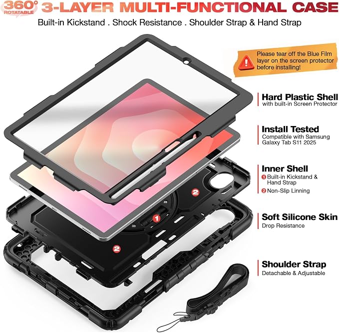 Case for Samsung Galaxy Tab S11 2025 | Three-layer Rugged Shockproof Case W/Screen Protector Shoulder Strap for Tab S11 11 inch (Model SM-X730/SM-X736B) Black
