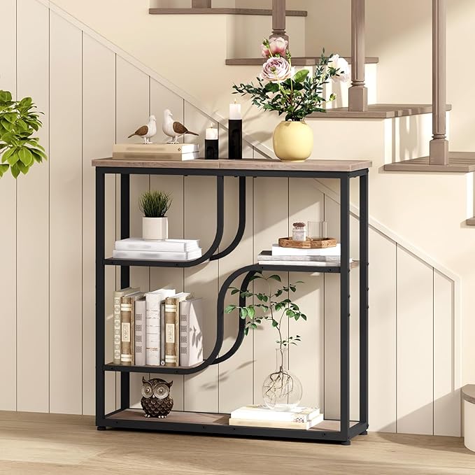 HOOBRO 29.5" Console Table, 5-Tier Sofa Table, Behind Couch Table with Storage Shelves for Hallway, Living Rooms, Entryway, Greige and Black BG69XG01