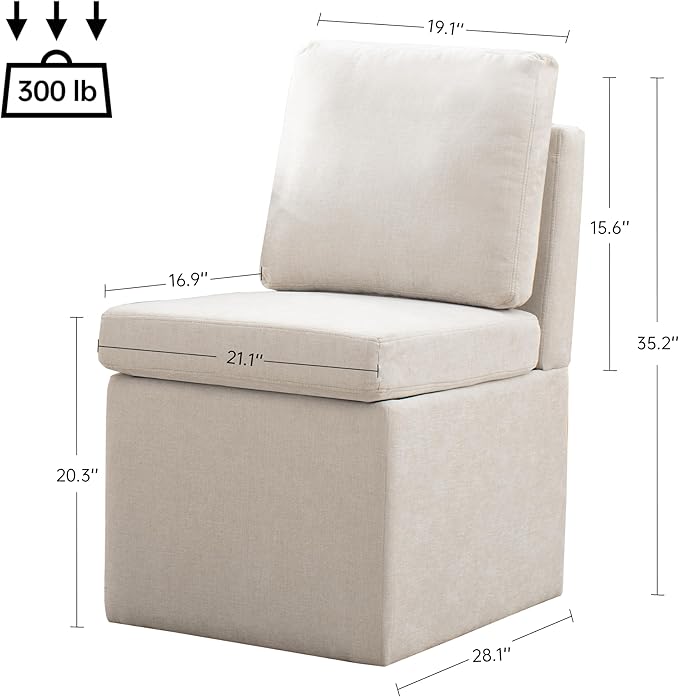 VKNOW Upholstered Dining Chairs, Modern Kitchen Chairs with Storage, Linen Armchair Dining Room Chairs for Kitchen Room (Beige, Set of 2)
