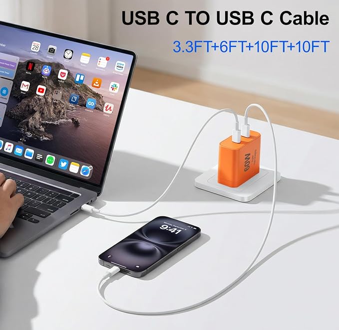 iPhone 17 Charger45W Fast Charging Dual Port USB C Charger Block with 3/6/10/10FT Type C Charging Cable-PD Quick Adapter 3.0 for iPhone 17e/17/17 Pro/17 Pro Max/Air/16/15 Pro Max/PlusiPad (Black)