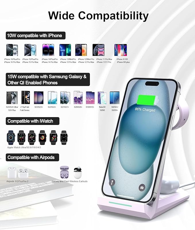 Wireless Charging Station for iPhone - ADADPU 3 in 1 Charger Stand for iPhone 16 15 14 13 12 11 Pro Max XR XS 8 Plus, Wireless Charging Dock for Apple Watch 8/7/SE/6/5/4/3/2, AirPods Pro/3/2 (Purple)