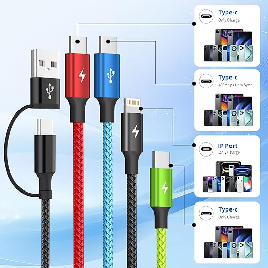 4 in 1 Multi Charging Cable 2 Pack 6FT Charging Cords for Devices | Nylon Braided USB C Car Charger Cable with Dual USB-C IP &amp Micro Ports Long Travel Charging Cord for Cars