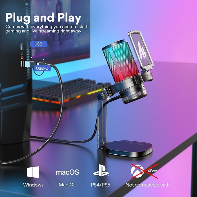 MAONO Gaming USB Microphone for PC with Noise Cancellation, Computer RGB Condenser Mic for Streaming Discord Twitch YouTube Podcast Online Chat PS4 PS5, GamerWave DGM20