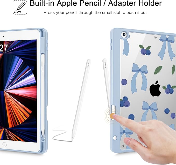 Tuiklol for iPad 10.2 inch 9th / 8th / 7th Gen 2021 2020 2019 Release Case | Built in Pencil Holder - TPU Protection Trifold Stand Stand Clear Back Tablet Cover With Auto Wake/Sleep Blue berries