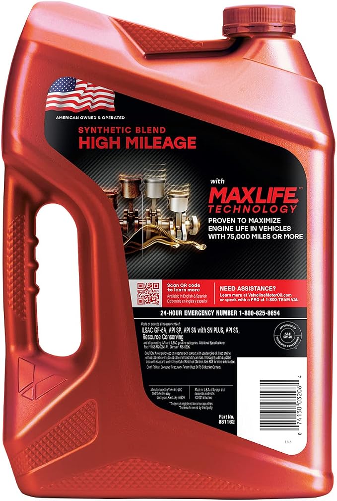 Valvoline Motor Oil, 5 QT | High Mileage | Synthetic Blend | MaxLife Technology