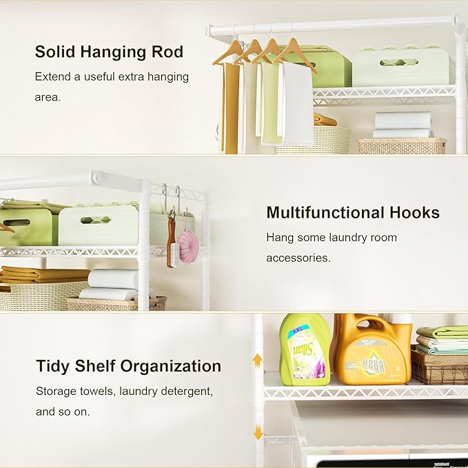 Ulif U11 Medium Over Washer and Dryer Shelves, 3 Tiers Laundry Room Storage and Organizer Standing Shelf, Metal Freestanding Clothes Drying Rack, 31.1”W x 19.7”D x 77.6”H, White