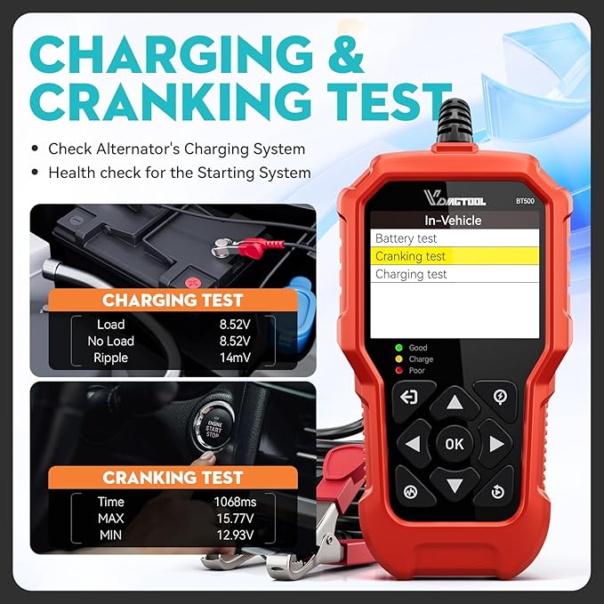 Car Battery Tester 6V 12V 24V VDIAGTOOL BT500, 5-3000 CCA Battery Load Tester, Starter Alternator Tester Automotive Charging Cranking System Analyzer for Car Truck Motorcycle SUV ATV Boat
