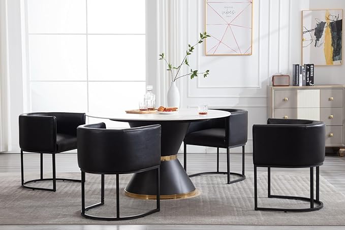 Faux Leather Dining Chairs Set of 4 Modern Barrel Arm Chairs with Black Metal Frame, Upholstered Kitchen Chairs 18.5" Wide Accent Chair for Living Room Dining Room Restaurant, Black