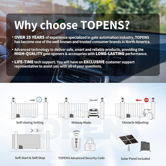 TOPENS DK1000S Solar Sliding Gate Opener Rack Drive Automatic Gate Motor for Heavy Driveway Slide Gates Up to 1800 Pounds, Electric Gate Operator Battery Powered with Solar Panel Remote Control Kit