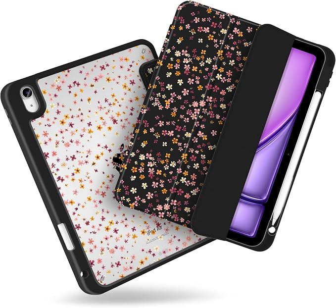 MecBevia Case for iPad Air 11-inch M4 2026 / M3 2025 / M2 2024 | Built-in Pencil Holder Shockproof Clear Hard Back Trifold Stand Auto Wake/Sleep Blue Bow
