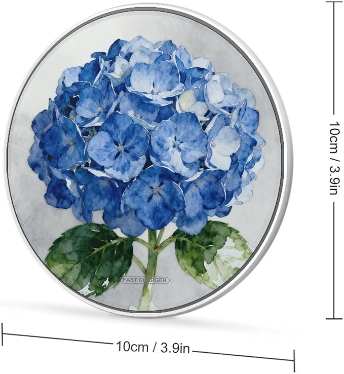 Blue Hydrangea Wireless Charger with Aluminum Alloy Frame Qi Certified Fast Wireless Charging Pad 10W Charging Station Portable Phone Charger for All Wireless Charging Phone