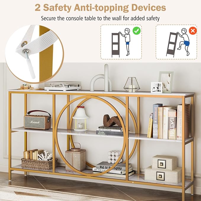 Giantex Narrow Long Console Table, 3-Tier Entryway Table with Faux Marble Top & Heavy-Duty Metal Frame, Mid-Century Accent Sofa Tables with Open Storage Shelves for Living Room, Hallway(White+Gold)