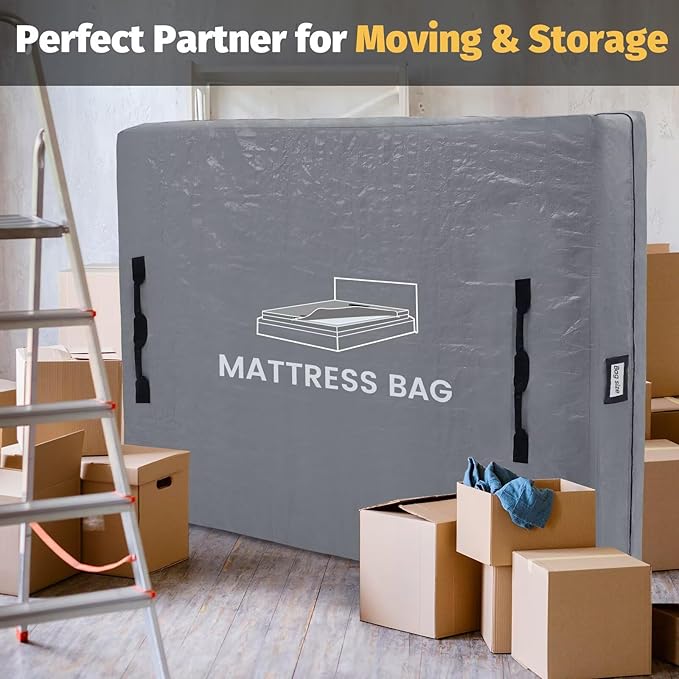 Mattress Bags for Moving and Storage, BETU Waterproof Mattress Protector Full XL Mattress Cover with 8 Heavy Duty Handles and Zipper Extra Thick Moving Supplies for Bed (2 Pack:82x57x13.5 Grey)