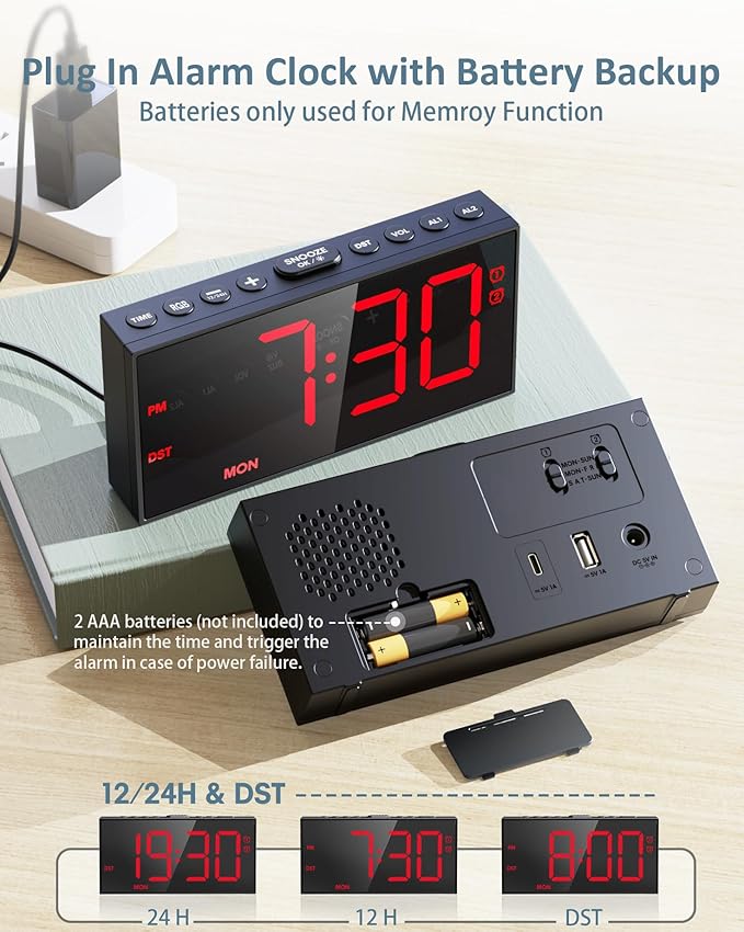 RGB Digital Alarm Clock for Bedroom, Dual Alarms ,Weekday/Weekend/Everyday Mode, 7 Dimmer,5 Volume,2 Charging Ports, 9-min Snooze,Memory Function,Plug in Desk Clock Large Display for Kids/Teens