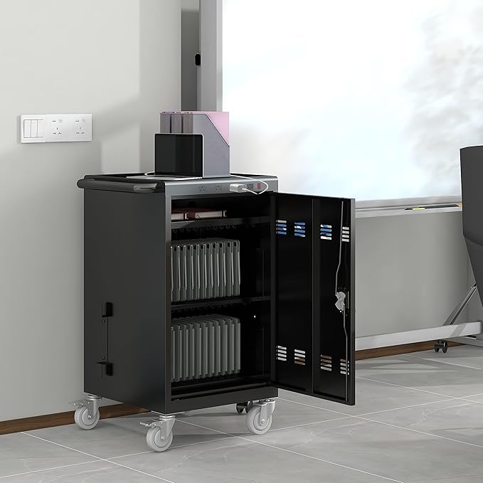 35 Bay Charging Cart for Laptops and Tablets Up to 16.3-inch, Mobile Charging Station with AC Outlets, Secure Storage and Cable Management, Mobile Charging Cabinet for Ipads, Chromebooks, Black
