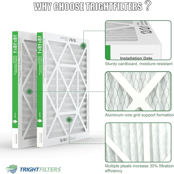 18x18x1 Air Filter 4 Pack, Durable MERV 8 Pleated Home HVAC AC Furnace Filters