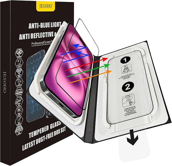 JESOHO Blue Light Blocking Screen Protector for iPhone 15 Plus 16 Plus | Eye Protection Anti-Reflective 9H Tempered Glass Case Friendly Scratch-Resistant No Bubble Easy Installation 2 Pack