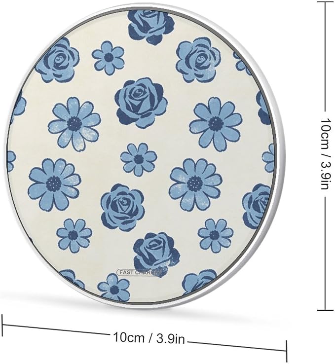 Blue Flower Print Wireless Charger Portable Fast Charging Pad Lightweight Wireless Charging Pad 10W Slim Charging Station for Phone Charger Mat for Travel Home Office Desk