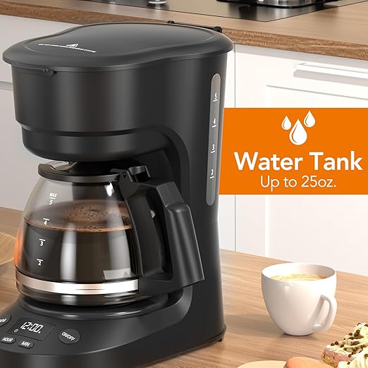 Electactic 5-Cup Programmable Drip Coffee Maker, a compact coffee machine with a digital clock and 24-hour programmable timer, featuring Auto Shut-Off, and a Removable Filter Basket for Home & Office.