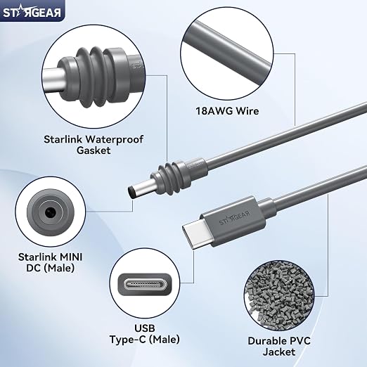 Starlink Mini Cable 16.4FT 18AWG 140W Starlink USB C to DC Power Cable with Smart Protocol Chip Waterproof DesignMini Accessories Compatible with 100W+ PD Source 28V PPS 20V PD Protocols