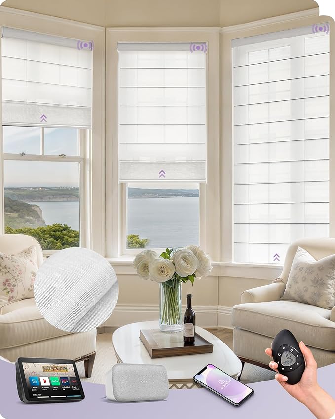 Graywind Smart Roman Shades 20% Blackout Compatible with Alexa Google Rechargeable Motorized Window Blinds Remote Control View Visible Plain Fold, Custom Size (Semi-Sheer White)