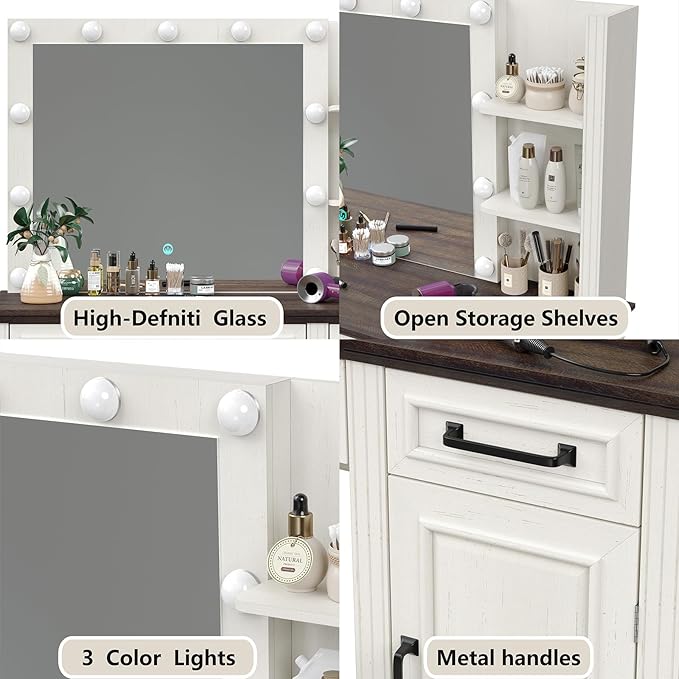 Farmhouse Vanity Makeup Desk, 43" W Vanity Desk with Lights Mirror and Drawers for Makeup, Big Modern Table Set with Stool for Bedroom, Antique White