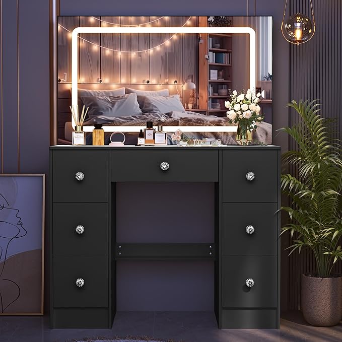 JBLCC Black Vanity Desk with Mirror and Lights, 39.4''W Makeup Vanity with 3-Color Lighted Mirror, 7 Drawers & Open Shelves, Big Vanity Table for Bedroom, Girls & Women